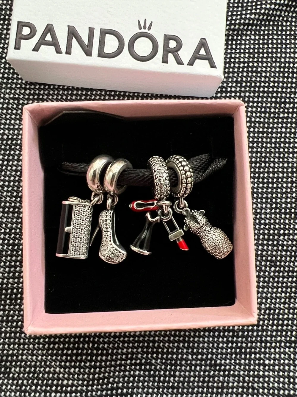 Set of 4 Pandora Charms-Trio Dangle-Sparkling Stiletto-Dazzling Dress-Clutch